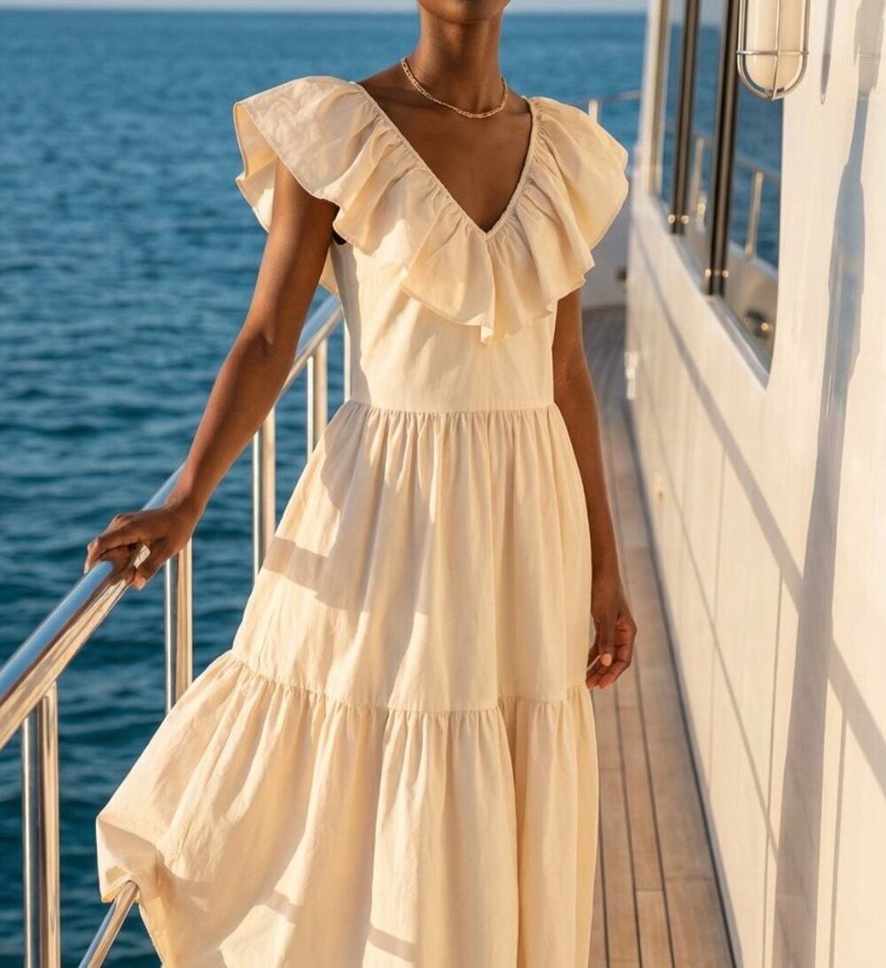 English Factory Maxi Dress Cream Off White Tiered Ruffle Neck Large